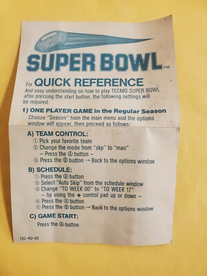 Tecmo Super Bowl Quick Reference Card TEC-4U-US INSERT ONLY Authentic