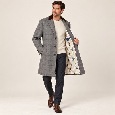 NWT Tallia Topcoat Wool Blend Mens L Gray Windowpane Velvet Collar Hummingbird