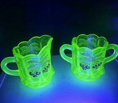 Mosser Vaseline Green Painted Cherries Glass Creamer & Sugar Uranium Glow UV