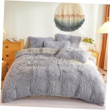 Furry Fluffy Comforter Cover Set   Faux Fur Furry Bedding 3-Piece Queen Grey