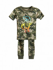 Boys Camo Dinosaur Pajama Set 2 Piece Outfit Green T-Shirt Pants Kids Sleepwear