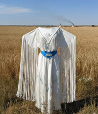Women's White Leather Long Fringes Beaded Belt wedding dress Powwow Regalia