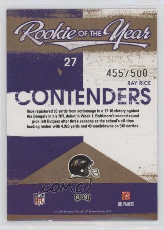 2008 Playoff Contenders Rookie of the Year Contenders /500 Ray Rice #27 RC - Image 2 of 2