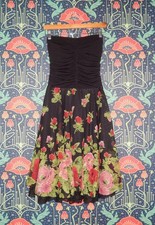 Vintage Y2k Strapless Ruched Rose Print Fit Flare Whimsigoth Party Dress