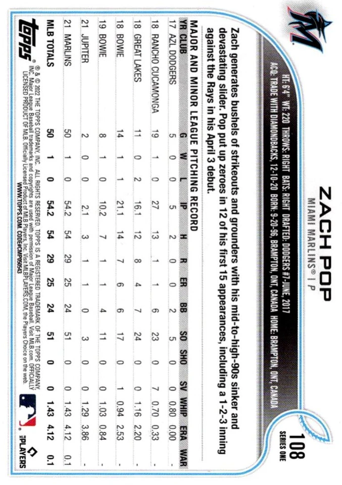 2022 Topps Orange Star Zach Pop Rookie Miami Marlins #108 - Image 2 of 2