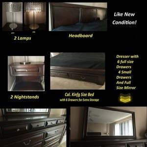 Cal King Bedroom Suite - Mirror Dresser, Sideboard Storage, 2 Nightstands  Lamps