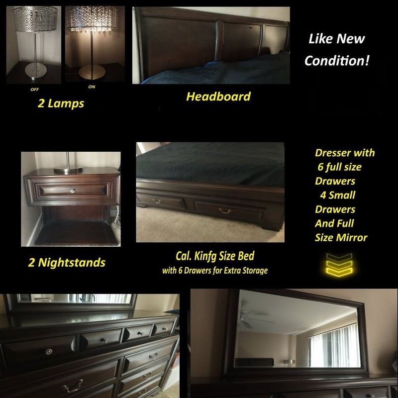 Cal King Bedroom Suite - Mirror Dresser, Sideboard Storage, 2 Nightstands  Lamps