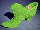 Vintage UV Fenton Hobnail Colonial Green Cat Head Slipper Shoe With Label
