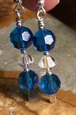 Artisan Sterling silver clear crystal blue glass dangle earrings