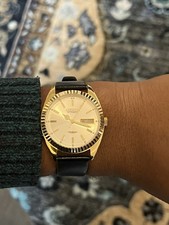 Citizen Automatic Gold-Tone Day-Date with Fluted Bezel on Black Leather Strap