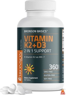 Bronson Vitamin K2 D3 (MK7) Supplement 2-in-1 D3 & K2 Complex, 360 Tablets