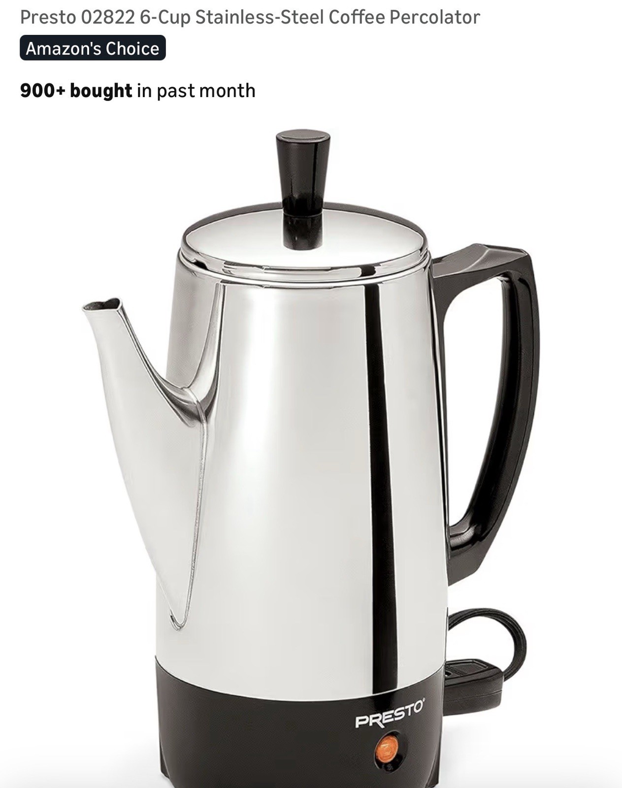   Presto #0281105 Electric Coffee Percolator 6 Cup Stainless Steel