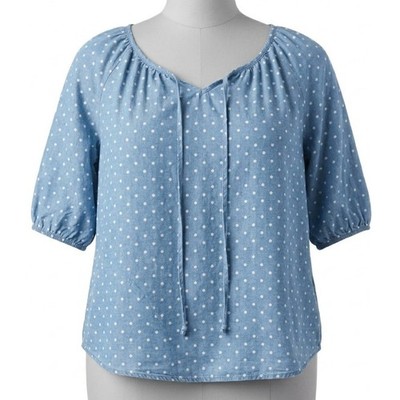 Fred David Womens Plus 1X Blue White Polka Dot Office Blouse Retro Minimalist