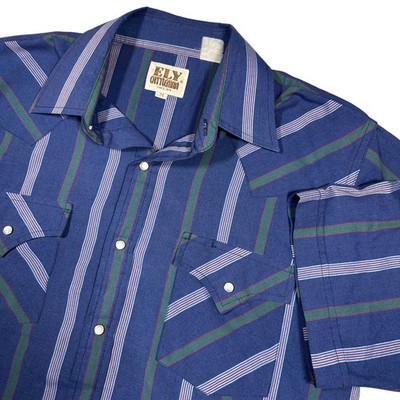 Vintage Ely Cattleman Mens Blue Striped Short Sleeve Western Pearl Snap Shirt M