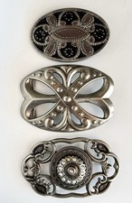 Lot of 3 Women s BELT BUCKLES Rhinestone Enamel Open Metal Work Pewter Tone
