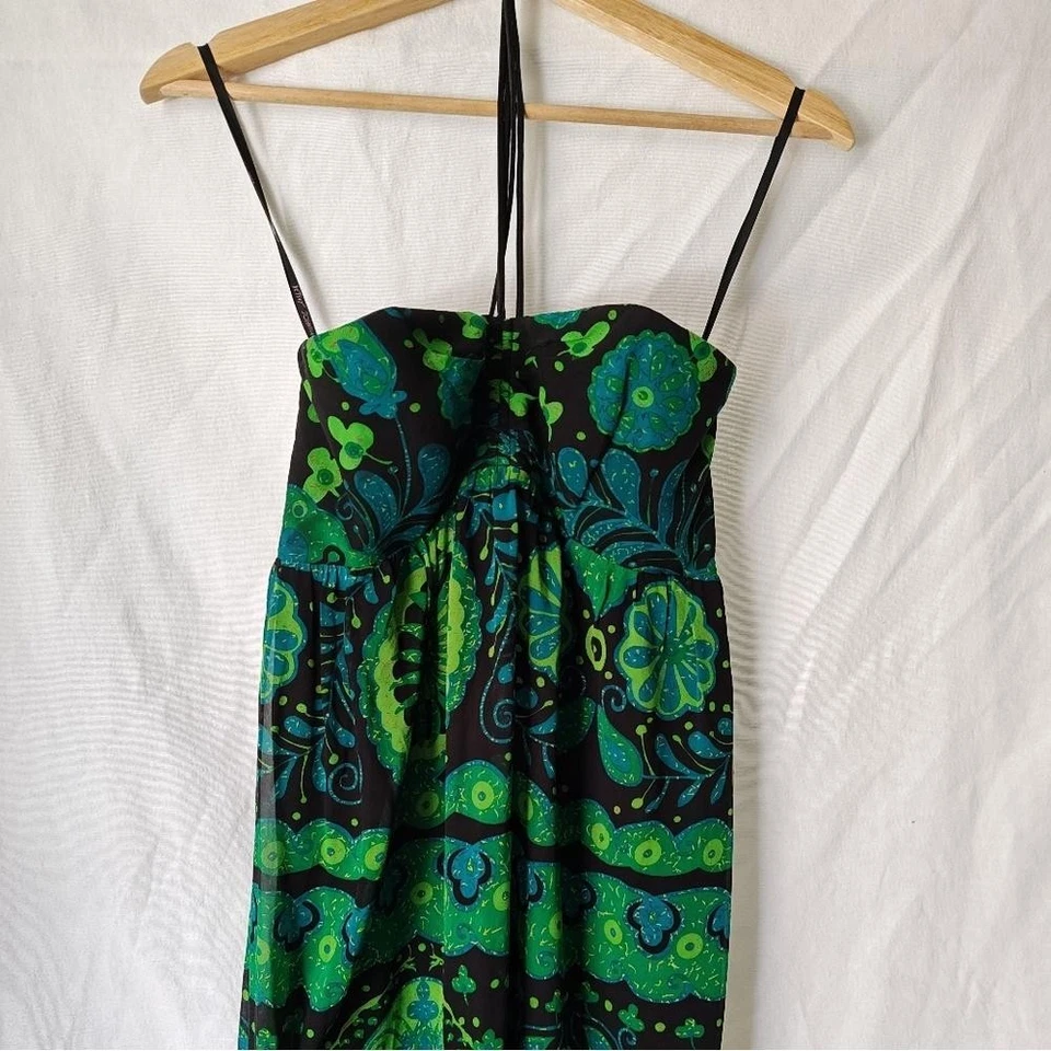 Vestido Betsey Johnson Seda Maxi Halter Paisley Trébol Vestido Mal de Ojo Verde Azul 6 Foto 3 de 4
