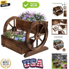 Wooden Wagon Planter Box, Garden Planter with Wheels,Decorative Planter for F...