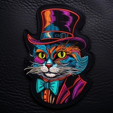 Cat In a Top Hat Patch Iron-on Embroidered Applique Clothing Steam Punk Fantasy