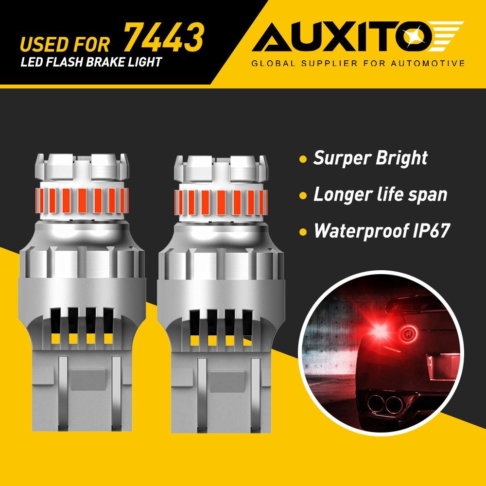 AUXITO 7443 7440 Red LED Strobe Flash Stop Brake Tail Parking Light Bulbs CANBUS