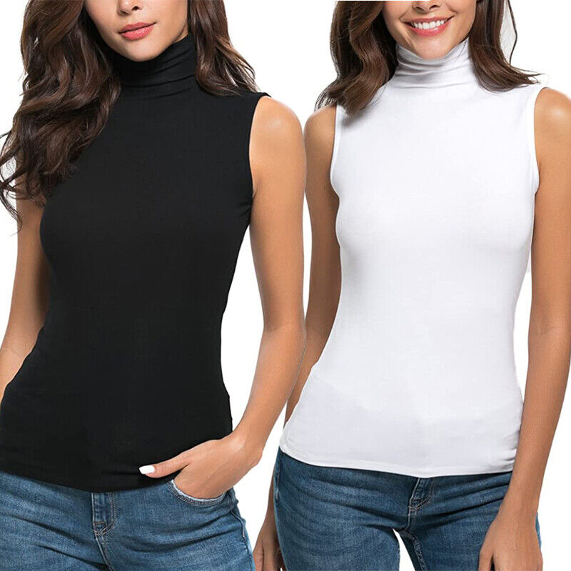 Women Seamless Sleeveless Shirt Mock Neck Turtleneck Tank Top Soft Stretch Vest