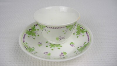Vintage Gaudy Dutch Welsh Cup Saucer No Handles Green Purple Soft Paste