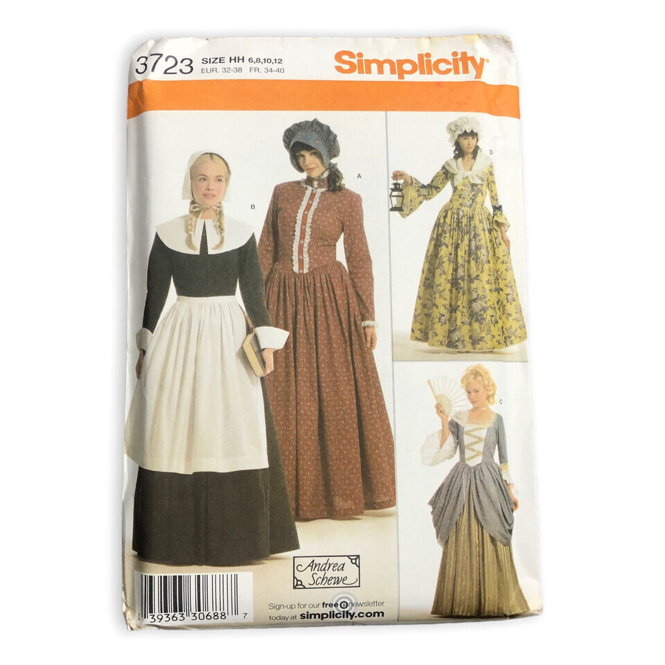 Simplicity 3723 6-12 Andrea Schewe Colonial Prairie Pilgrim Dress Bonnet |  eBay