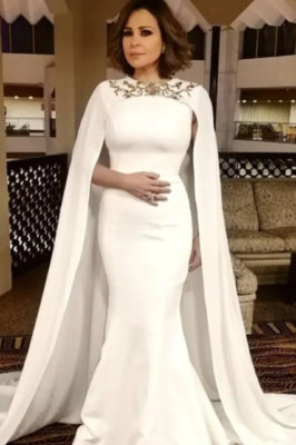 Prom Mermaid Modest White Mother of the Bride Dresses with Cape Gold  Appliques | eBay
