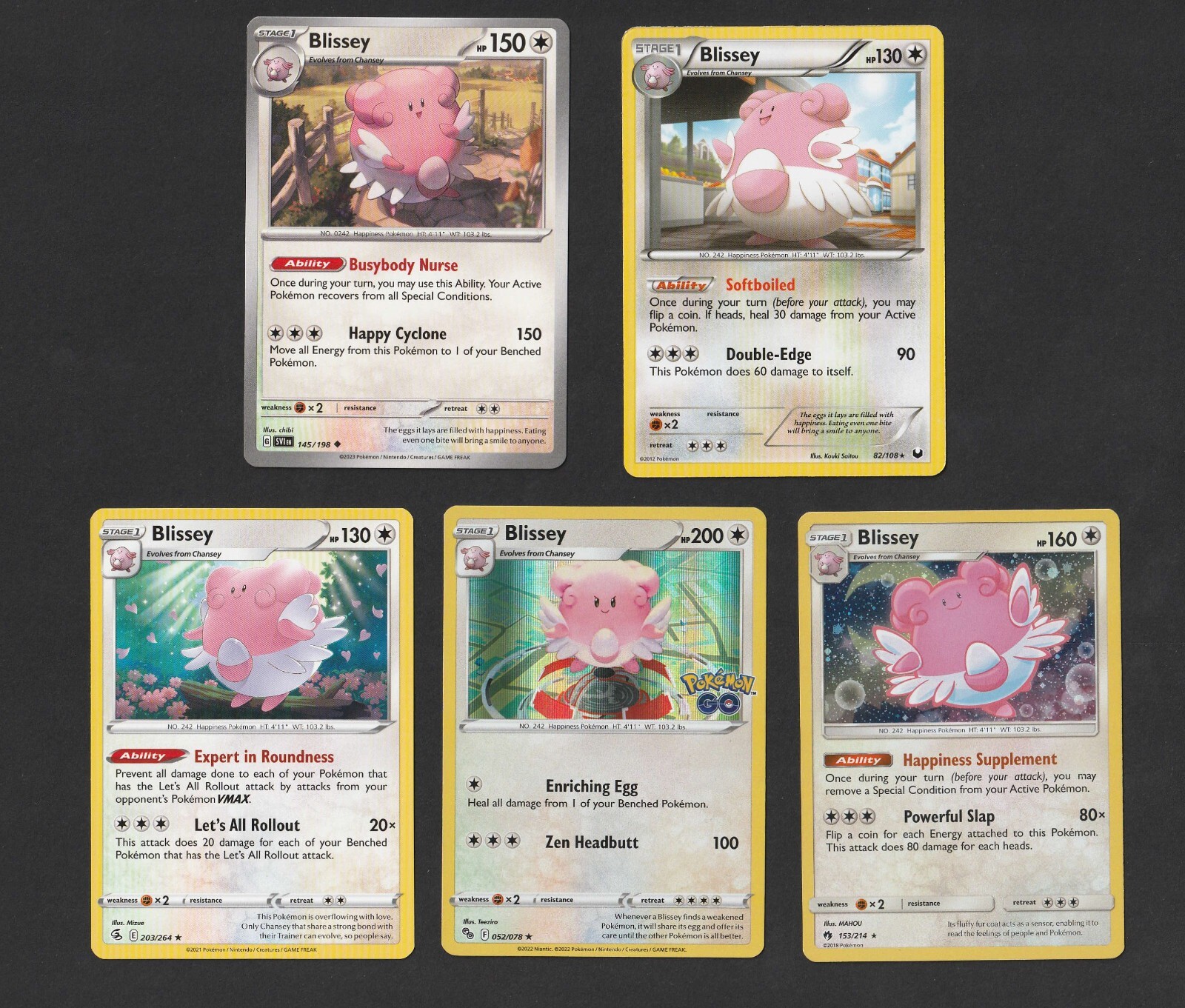 Blissey Pokemon Card Collection Set of 5 English Cards Rare Cute Holo Vintage