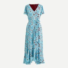 J Crew AR617 NWT Size 00 Feminine V-Neck Flutter Hem Dress in Aqua Paisley