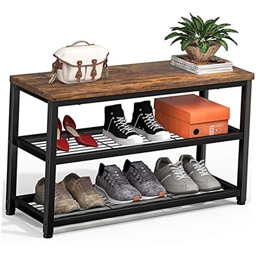 3 Tier Rustic Brown Industrial Shoe Rack Bench with Storage-image