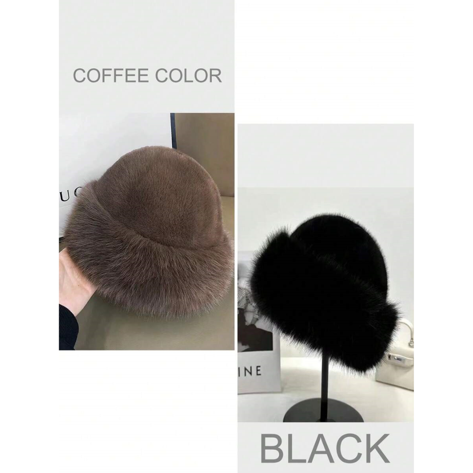 Women's Real Mink Fur Hat Knitted Bucket Hat Winter Cap Outdoor - Foto 8