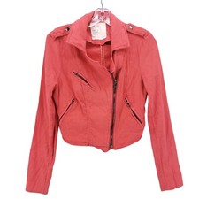 FREE PEOPLE Lovely In Linen Cropped Moto Jacket Coral Red Zippers Size 2