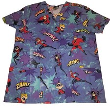 DISNEY INCREDIBLES V-Neck Scrub Top Women's Size MEDIUM M Pockets