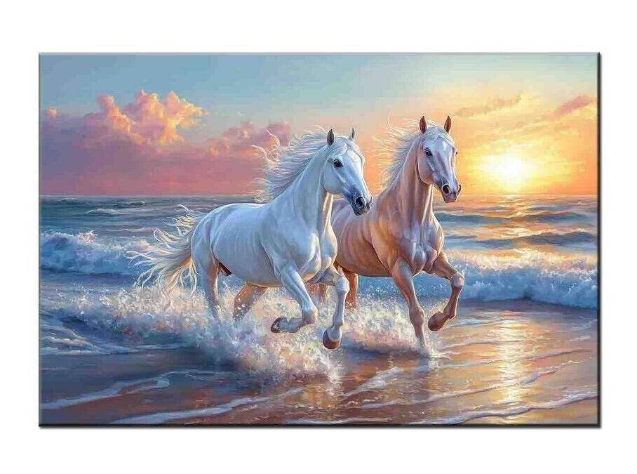 Ocean Canvas Wall Art Horse White Horse Running Free On Sandy Beach At