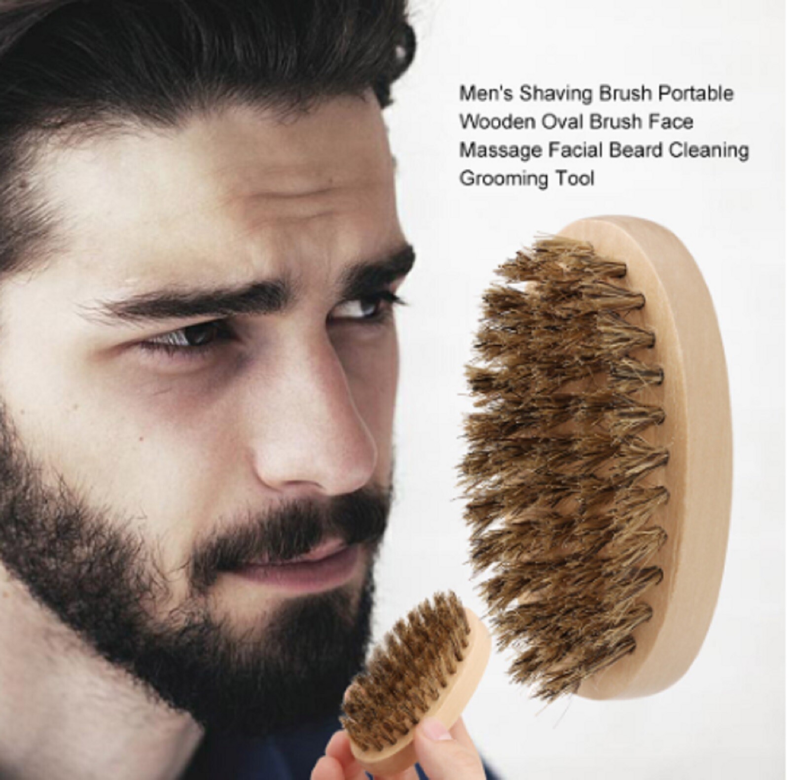 Natural Boar Bristle Beard Brush Moustache Wood Round Handle Mens Beard