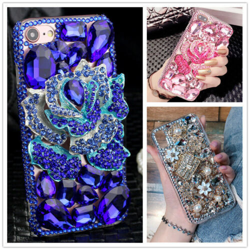 Lady Bling Glitter Rose Rhinestone Diamond Handmade Rubber Back Phone Case+Strap - Photo 1 sur 11
