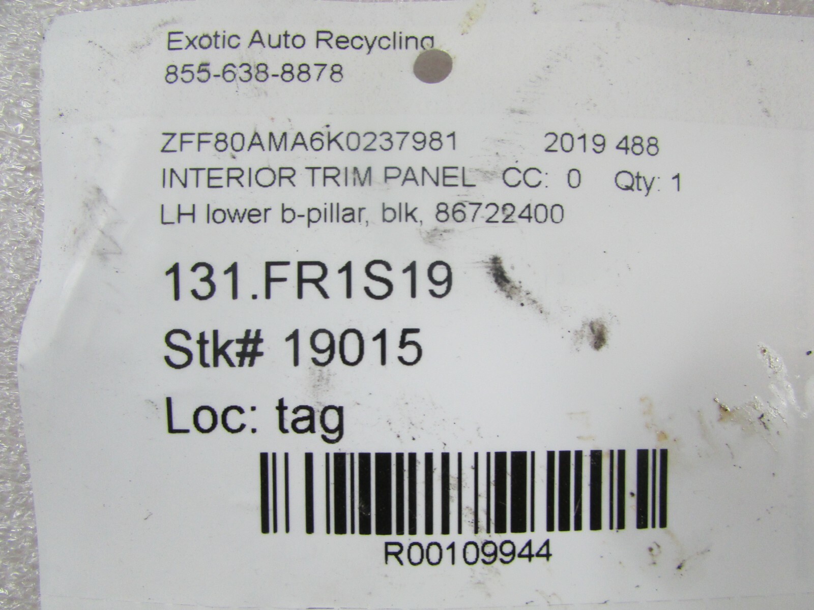 Ferrari 488, LH, Left Lower B-Pillar Interior Trim Panel, Used, P/N 86722400