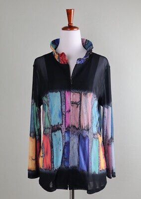 JOHN MARK $149 Mesh Stretch Sheer Ruffle Collar Abstract Jacket Top Size Medium