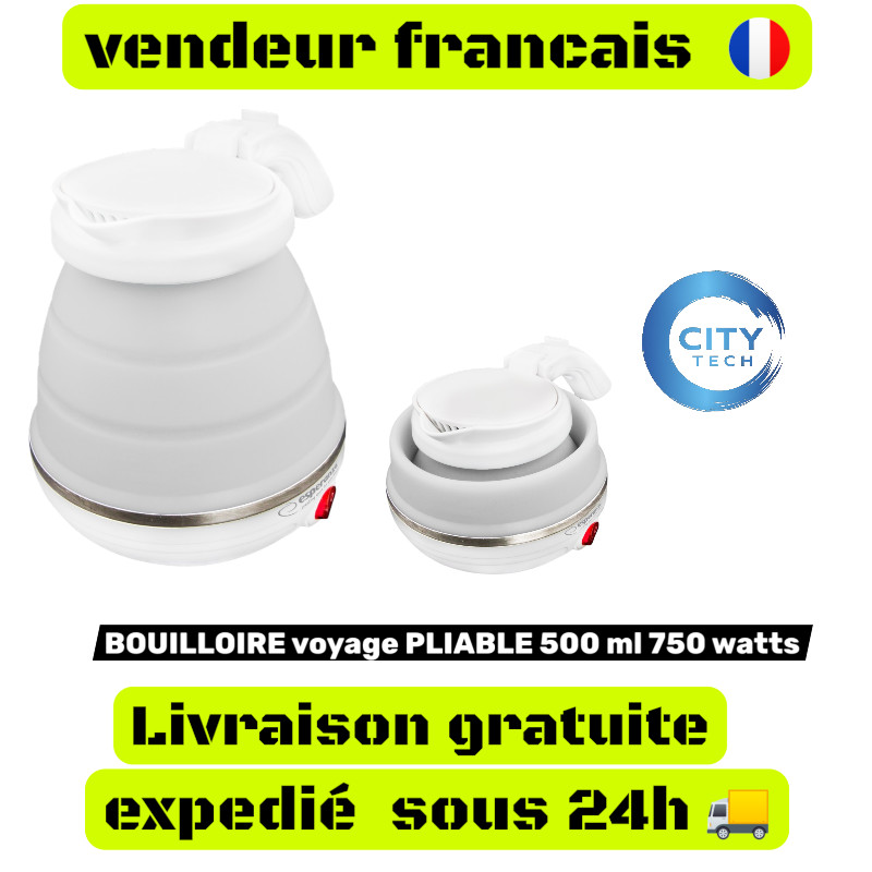 BOUILLOIRE electrique de voyage PLIABLE EN SILICONE 500 ml 750 watts