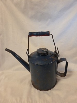 Vtg Blue Eagle Gas Oil Kerosene Railroad Oiler Can with Spout Chain Wood Handle