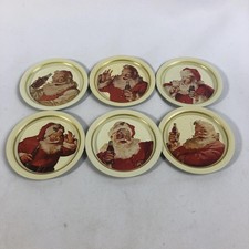 Vintage Coca-Cola Santa Claus Tin Coasters Set 6 Round Christmas Holiday Decor
