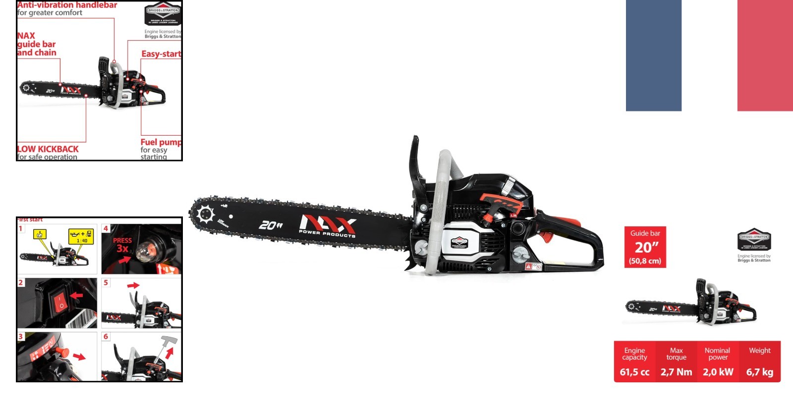 Tronçonneuse thermique NAX 500C avec moteur à essence de 50 CC pour entretien des grands jardins
