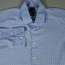 David Donahue Shirt Mens Size 17 Blue Plaid Trim Dress Button Up Long Sleeve