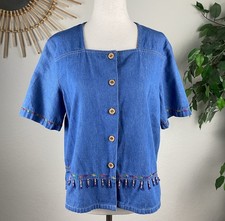 Vtg Koret S Button Up Shirt Beaded Embroidered Blue Denim Short Sleeve Cottage