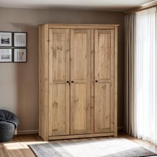 Panama 3 Door Wardrobe Natural Wax Solid Pine Wood Bedroom Hanging Rail Shelf