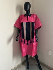 Handmade Women's Pink Dashiki Dress with Tassel Detail and Striped Panel