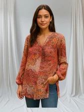 Chico's Orange Paisley Layer Tunic Top 2 Large Fairy Flowy Sheer Whimsical 