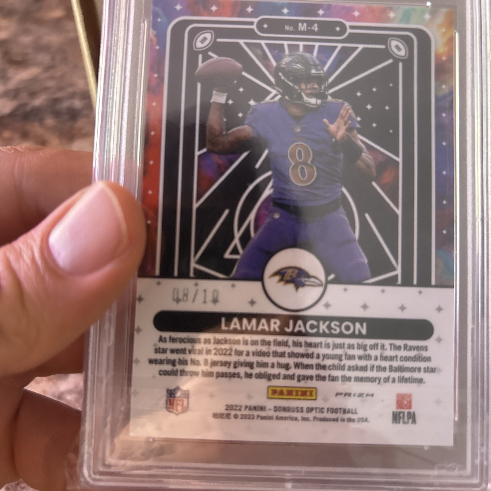 2022 Panini Optic Lamar Jackson PSA 9 Mythical 08/10 GOLD CASE HIT Jersey Match  view 3
