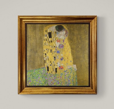 The Kiss Gustav Klimt premium 3D print on canvas with brush stroke,  gold frame