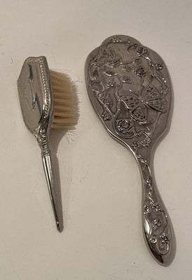 Vintage Silver Toned Two Piece Dresser Vanity Set Mirror & Brush Smaller Sized